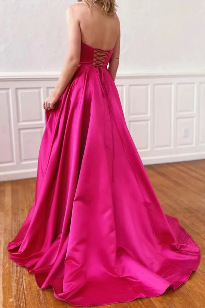 Hot Pink Satin Strapless Prom Dresses, Long Formal Evening Dresses WLD0171