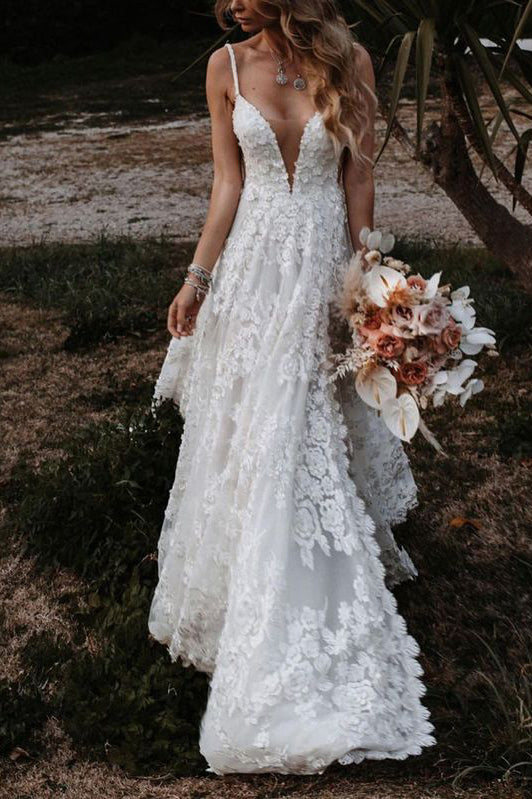 Deep V-Neck Spaghetti Straps Lace Appliques Wedding Dresses, Bridal Gown WLD0159
