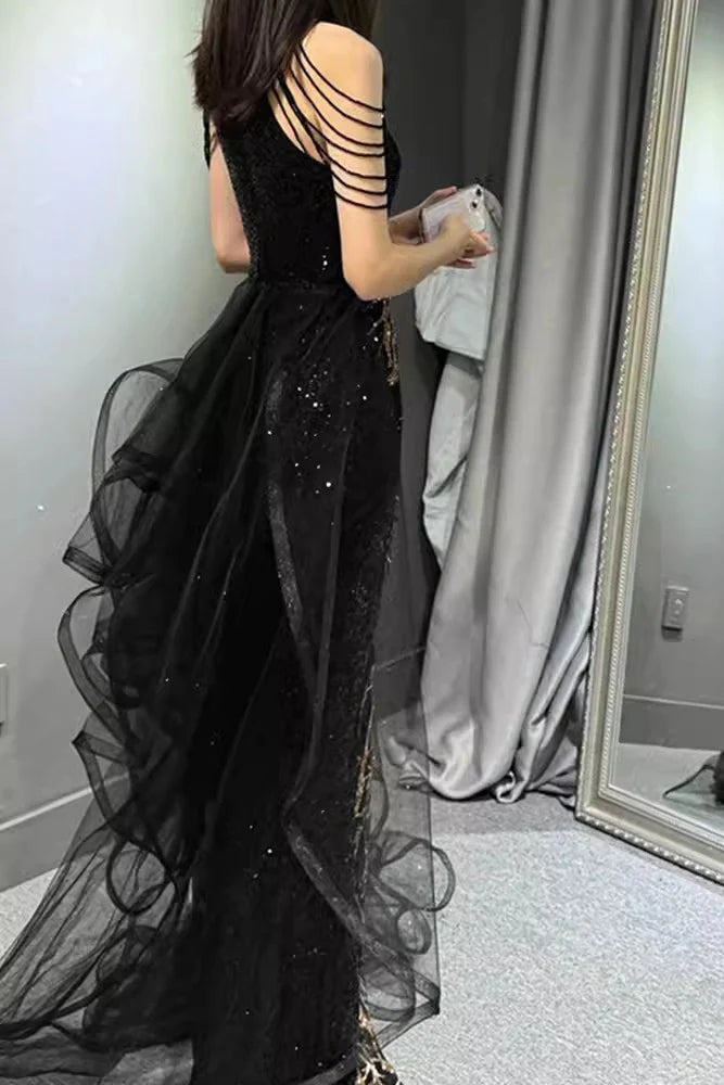Black Sleeveless Sequined Long Prom Dress With Ruffles, Mermaid Party Gown CHP0344