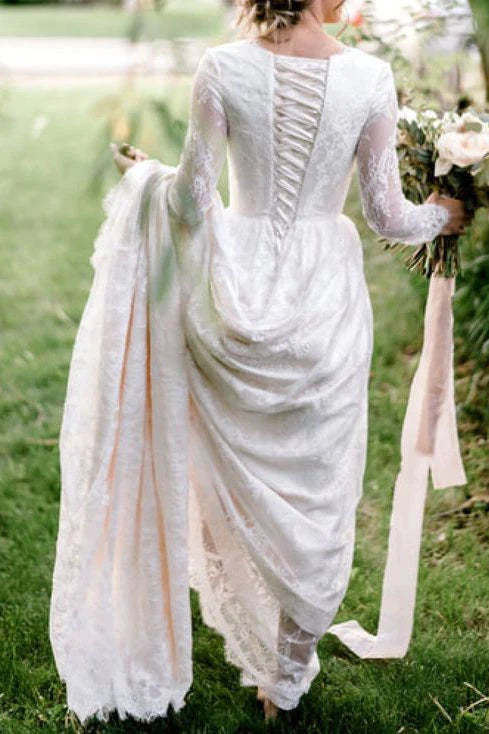 Long Sleeve Lace Round Neck Beach Wedding Dresses, Elegant Bride Gowns WLD0154