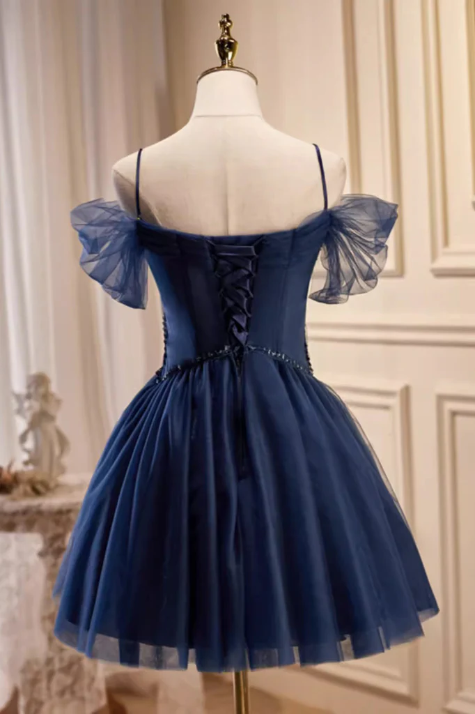Dark Blue Spaghetti Straps Short Tulle Hoco Dress With Beading, Sweet 16 Dresses WLD0176