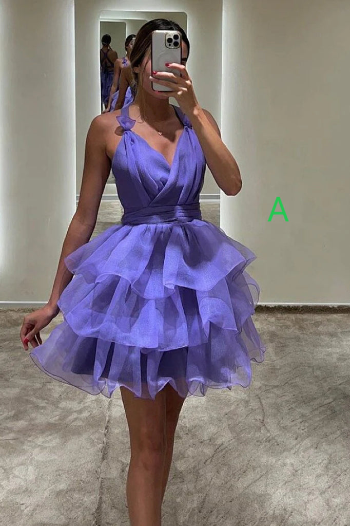 Hot Pink Organza Short Prom Dresses A Line Tiered V-Neck Homecoming Dress WLD0170