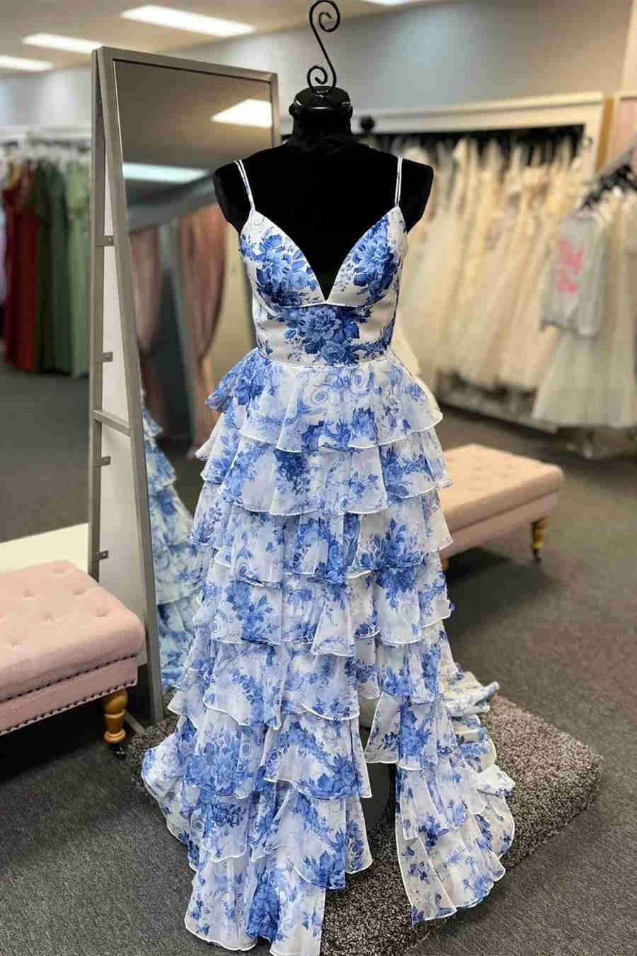 A-line Straps Blue Floral Print Prom Dresses, Layered Slit Graduation Gown WLD0369