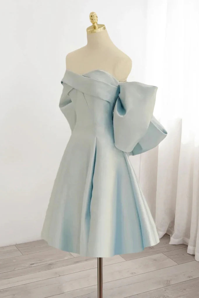 Light Blue Off The Shoulder Satin Homecoming Dress, A Line Short Formal Gown With Bowknot WLD0184
