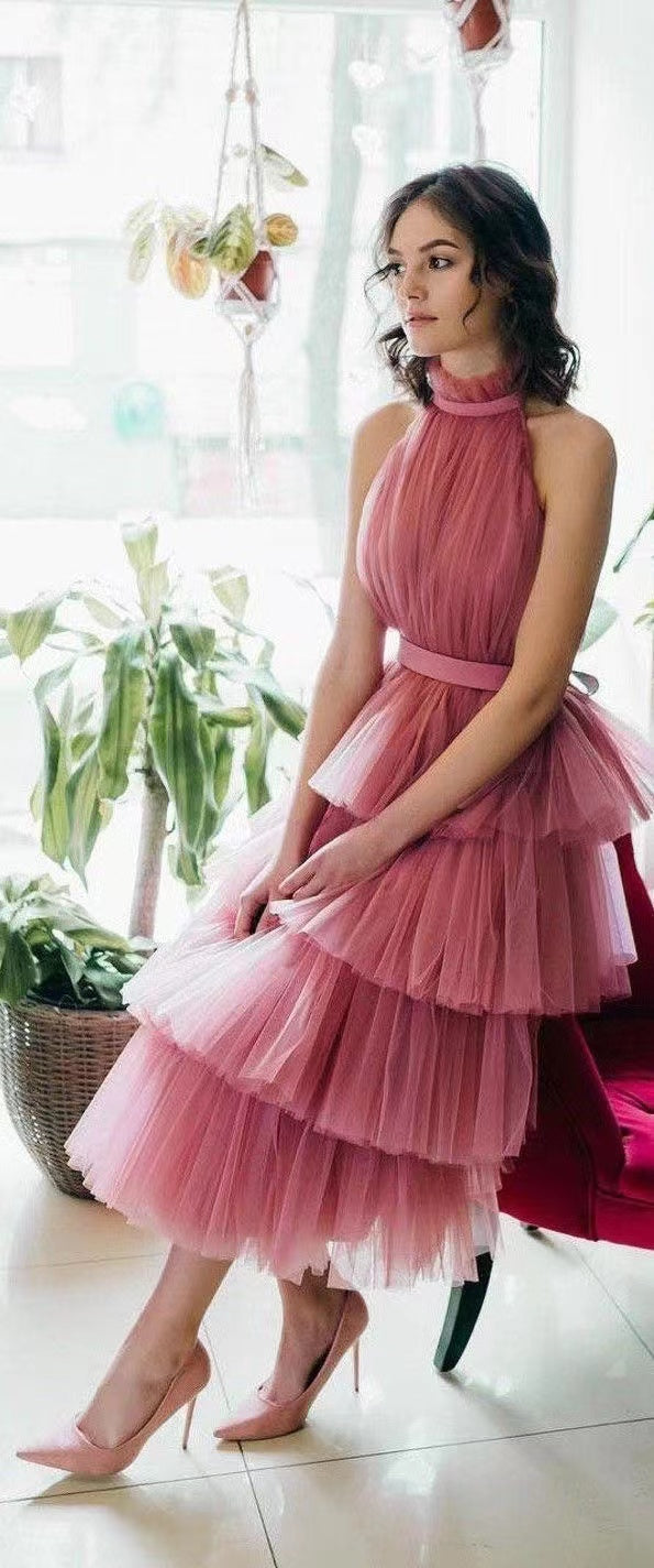 Gorgeous Ankle-Length Halter Tulle Prom Dress With Layers ,Tulle Formal Gown WLD0164