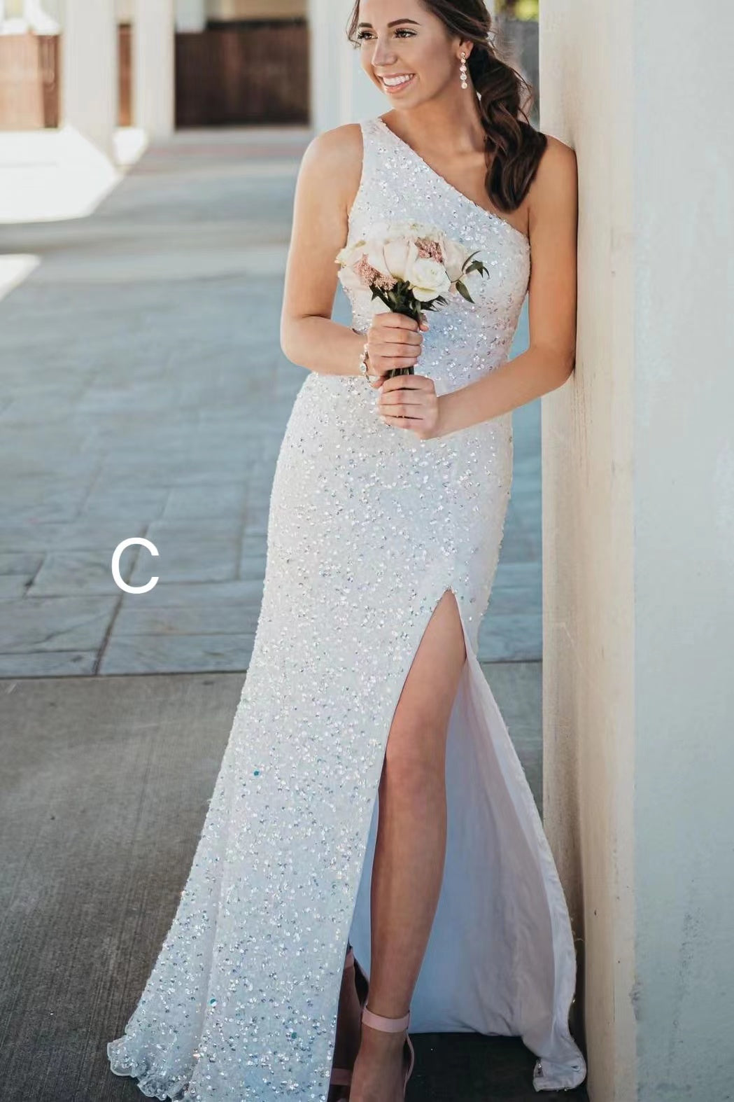 Glitters One Shoulder Sequins Mermaid Prom Dresses, Beautiful Evening Gown With Silt WLD0098