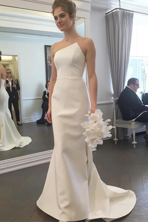 Simple Strapless Mermaid Long Wedding Dresses, Elegant Ivory Sweep Train Wedding Dresses WLD2520
