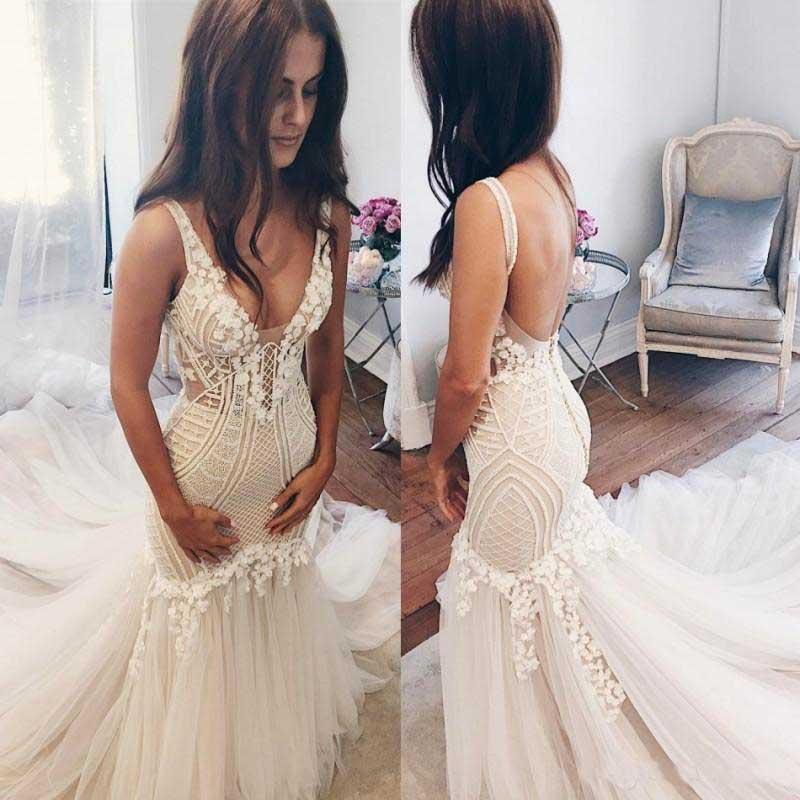 Ivory Mermaid Backless V Neck Lace Wedding Dress, Bridal Gown WLD0142