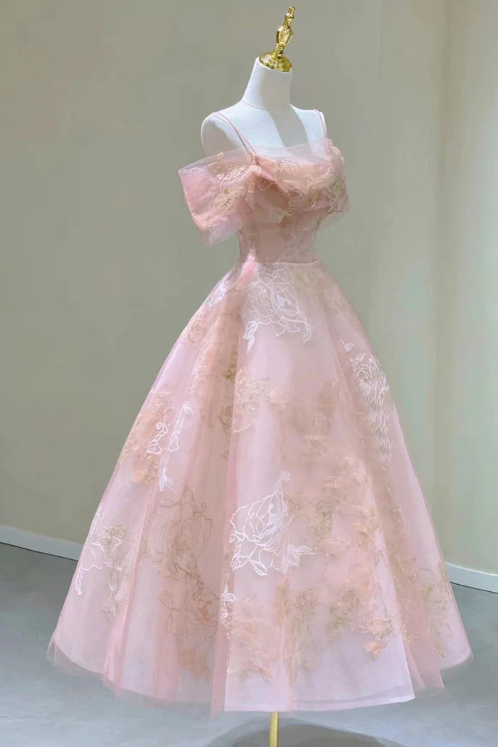 Pink Tulle Lace Short A-Line Prom Dress, Cute Off the Shoulder Party Dress WLD0319
