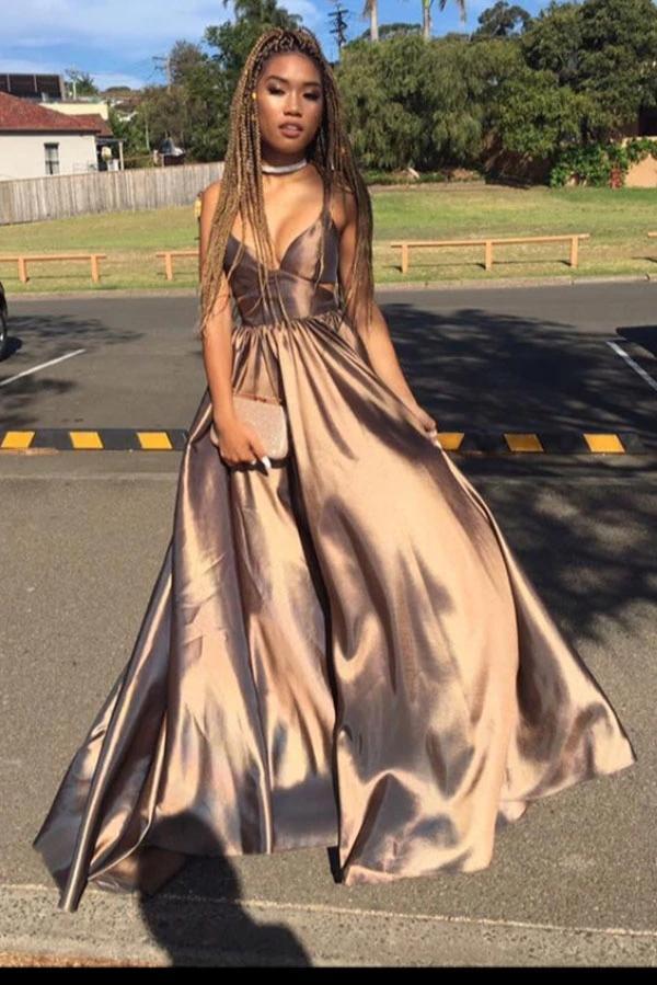 A Line Straps Floor Length Deep V Neck Sleeveless Long Prom Dress N2517