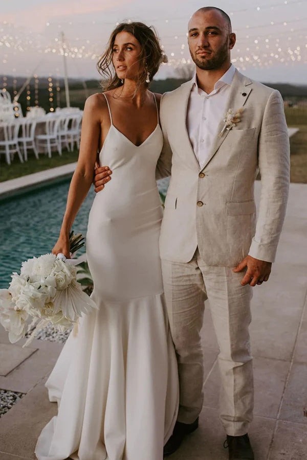 Simple Mermaid Satin Spaghetti Straps V-Neck Beach Wedding Dress WLD0170