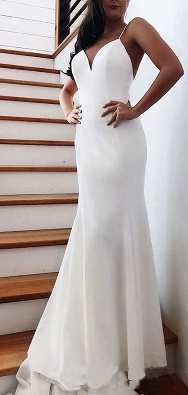 Mermaid Spaghetti Straps Beach Wedding Dresses With Bowknot, Bridal Gown WLD0156