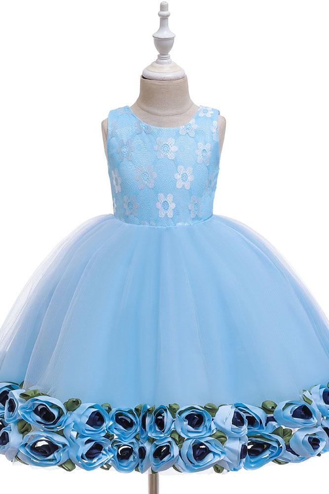 A Line Sleeveless Lace Flower Girl Dresses Below the knee Baby Dress with flower UQF0001