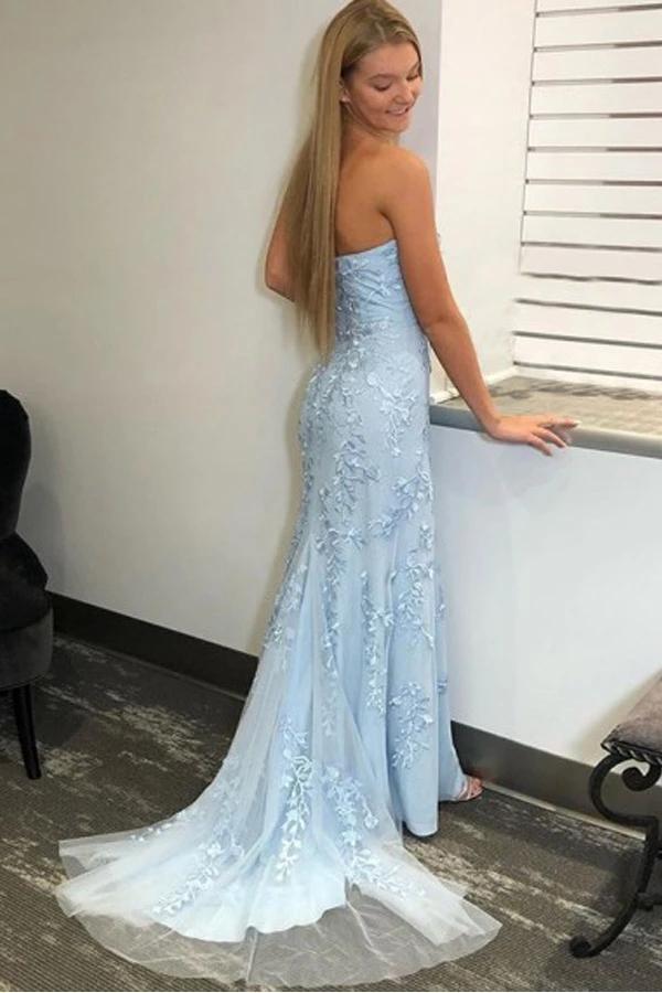 Light Sky Blue Mermaid Strapless Split Prom/Formal Dress With Lace Appliques WLD2528