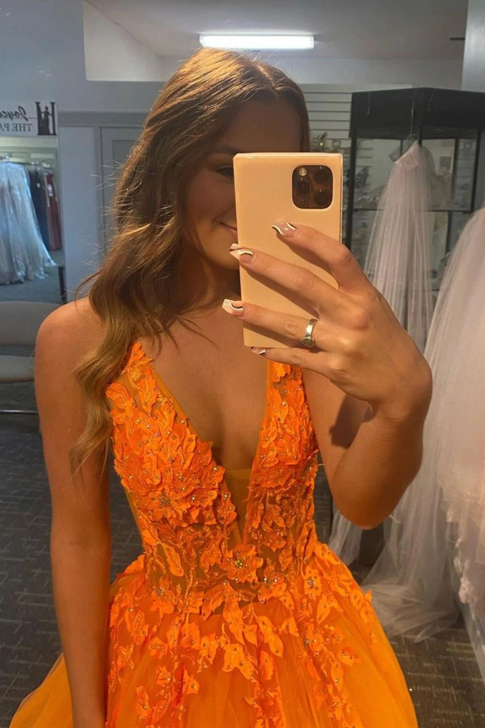 Charming Orange Lace A Line V Neck Open Back Long Prom Dresses,Orange Lace Formal Dresses WLD0104