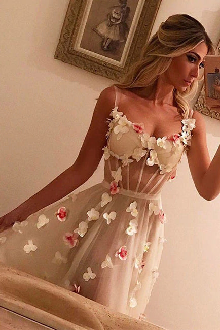 Unique Sweetheart Tulle White Long Prom Dress, White Evening Dress With Hand-Made Flower WLD0097