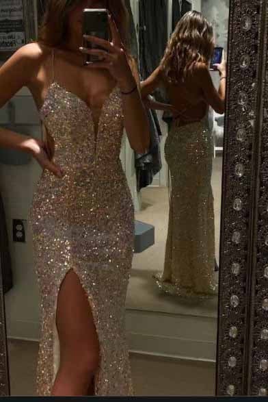 2022 Mermaid Spaghetti Straps Sequin Long Prom Dress With Side Slit ,Formal Gown WLD0075