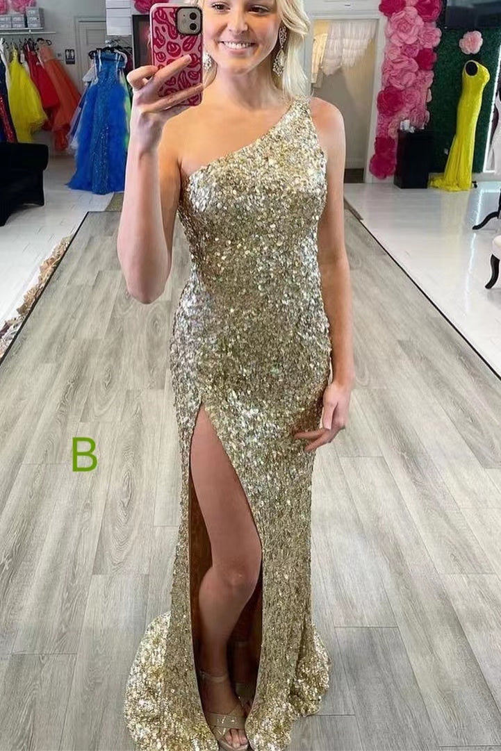 Glitters One Shoulder Sequins Mermaid Prom Dresses, Beautiful Evening Gown With Silt WLD0098