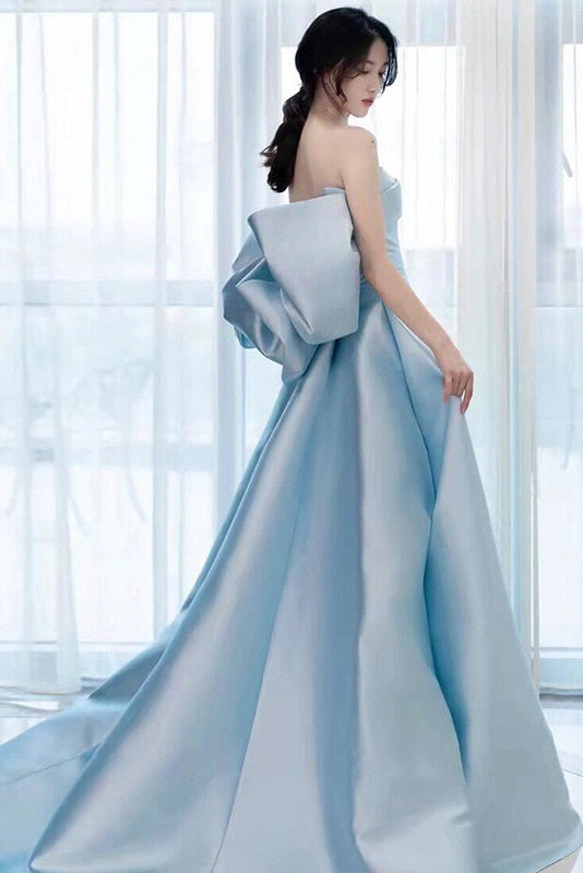 Sky Blue Strapless Satin Long Prom Dress With Bowknot, A Line Evening Gown CHP0333