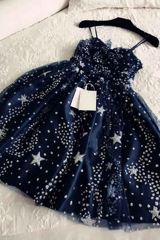 Spaghetti Straps Navy Blue Tulle Sweetheart Homecoming Dresses,Short Prom Dress WLD0144