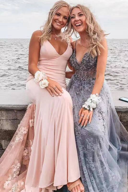Pink Satin Mermaid Long Prom Dress With Applique, Formal Dress WLD0205