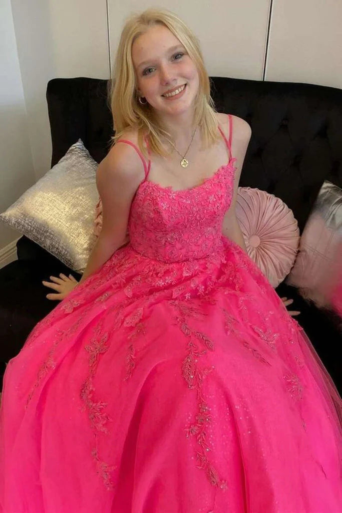 Hot Pink A Line Tulle Lace Appliques Long Prom Dress, Gorgeous Formal Gown WLD0167