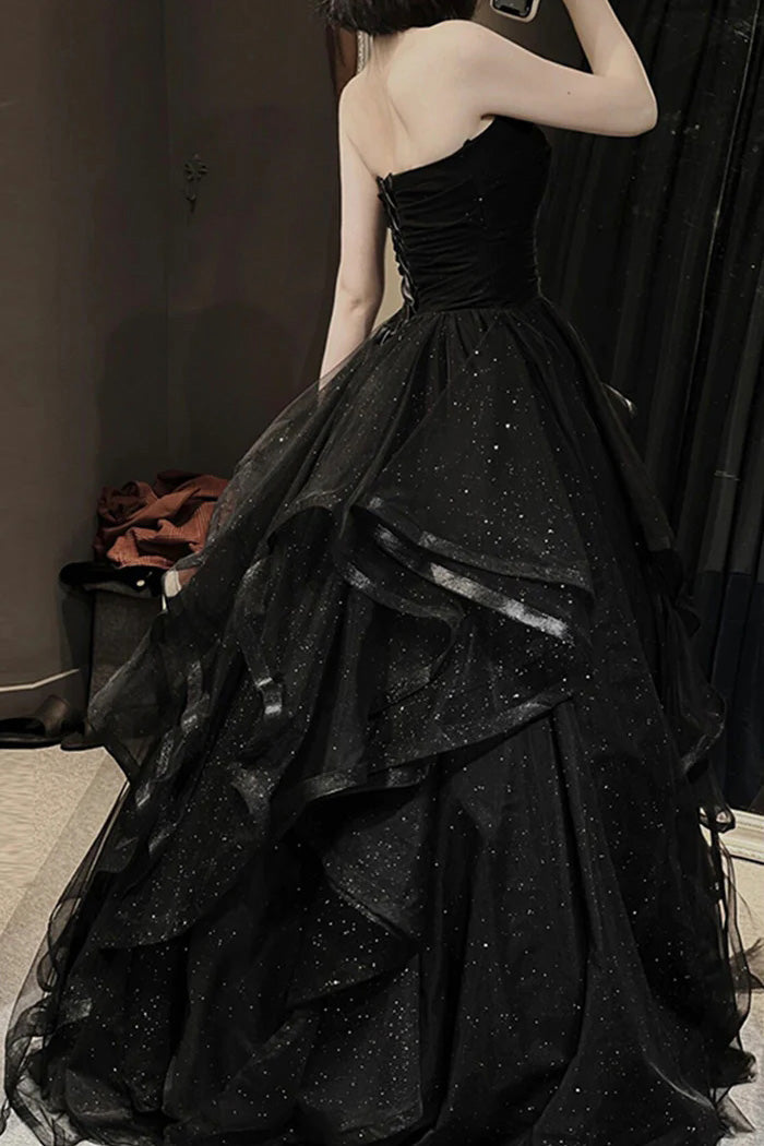 Black A-Line Tulle Layers Long Prom Dress, Strapless Evening Dress WLD0320