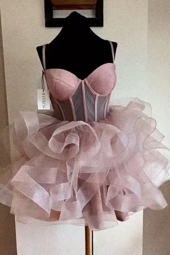 Shiny Black Spaghetti Straps Tulle Homecoming Dress with Layers, Mini Prom Gown WLD0124