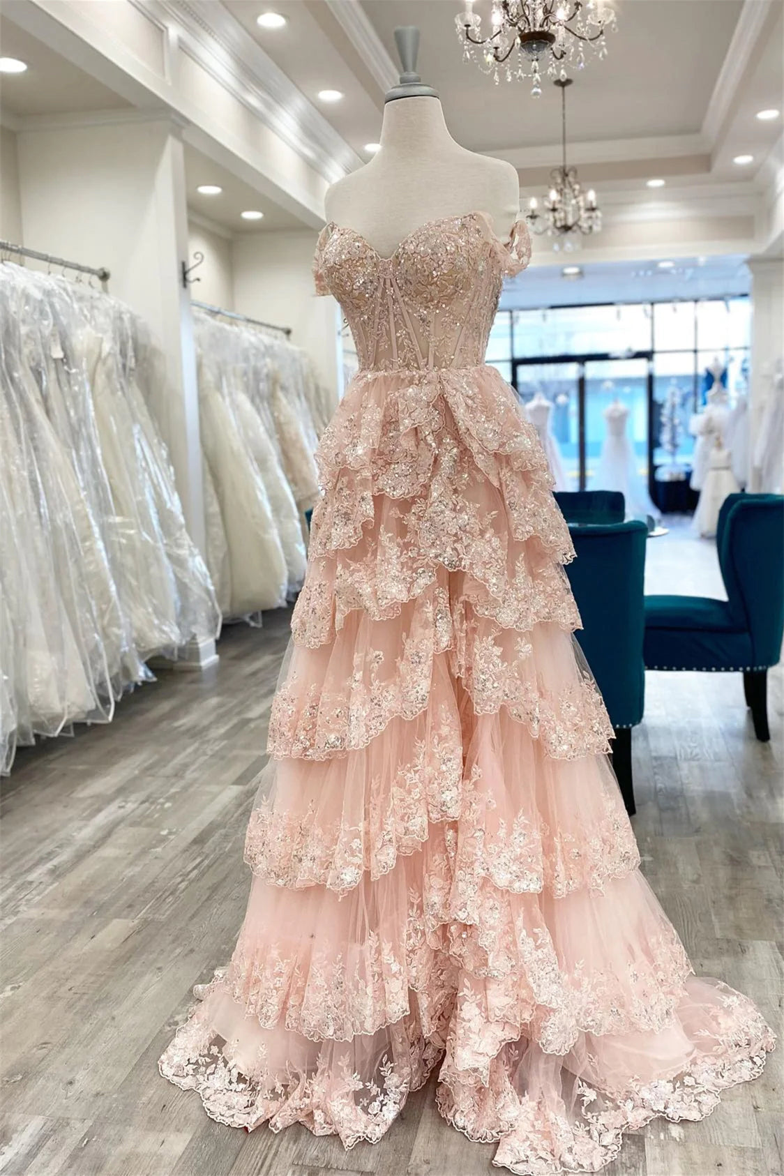 Shiny Off The Shoulder Long Prom Dress With Layers ,Formal Gown With Sequins Lace WLD0226