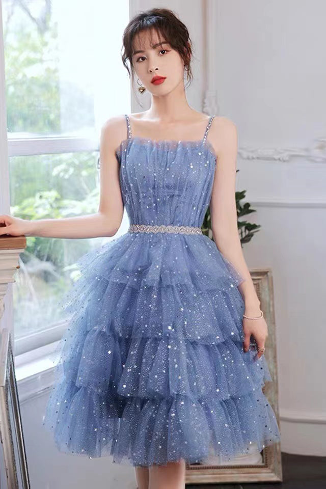 Shiny Blue Tulle A-Line Spaghetti Straps Homecoming Dresses,Short Party Gowns,Hoco Dress WLD0137