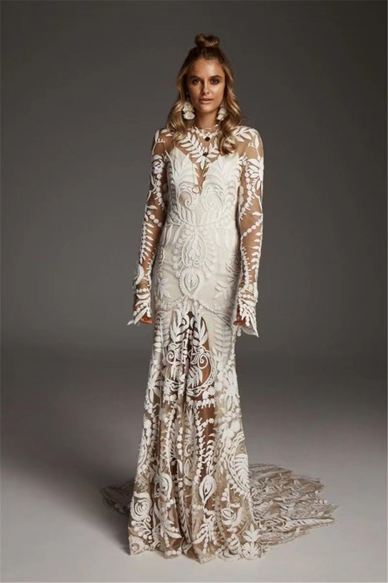 Aesthetic Ivory Long Sleeves Mermaid Wedding Dresses With Sweep Train,Long Bridal Dress With Lace WLD0125