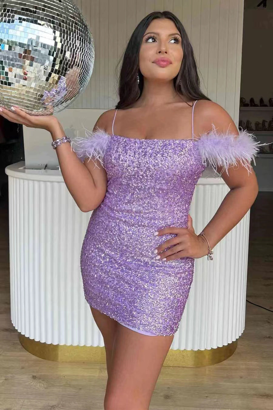 Gorgeous Sequins Bodycon Mini Homecoming Dress With Feather, Spaghetti Straps Short Party Dress WLD0121