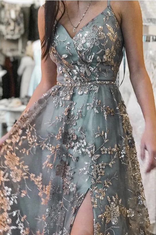 A line V-Neck Gray Tulle Long Prom Dress With Lace,Spaghetti Straps Evening Gown WLD0116