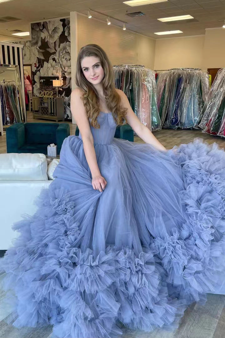 Princess Blue Tulle Strapless Lace up Prom Dresses With Layers, Sweetheart Formal Gown WLD0172