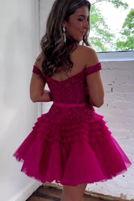 Hot Pink Off-the-Shoulder A-Line Short Prom Dress, Homecoming Dress WLD0156