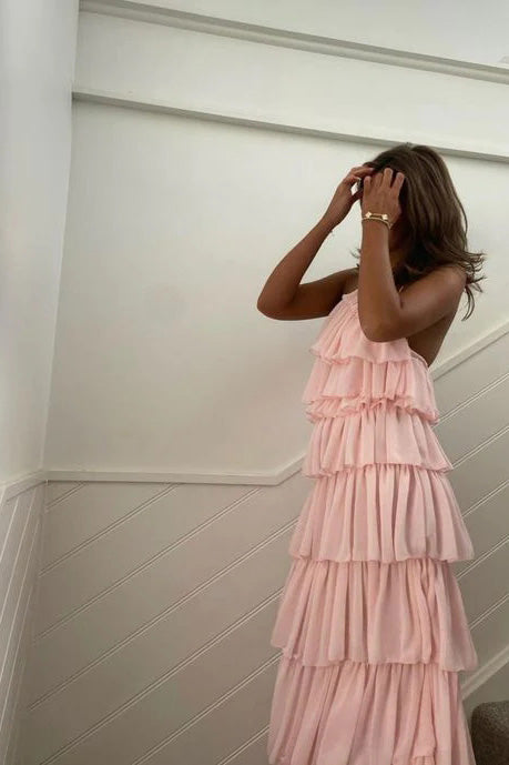 Halter Pink Long Party Prom Dresses With Layers, Evening Dresses WLD0262