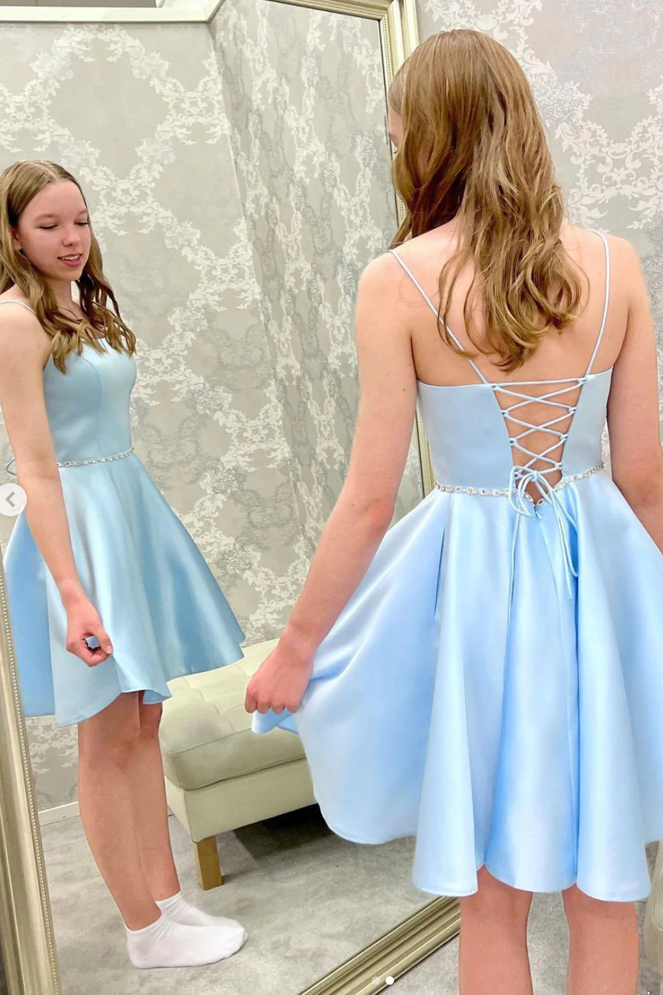 Blue Satin Lace Up Beads Belt Short Prom Dress, Homecoming Dress WLD0116