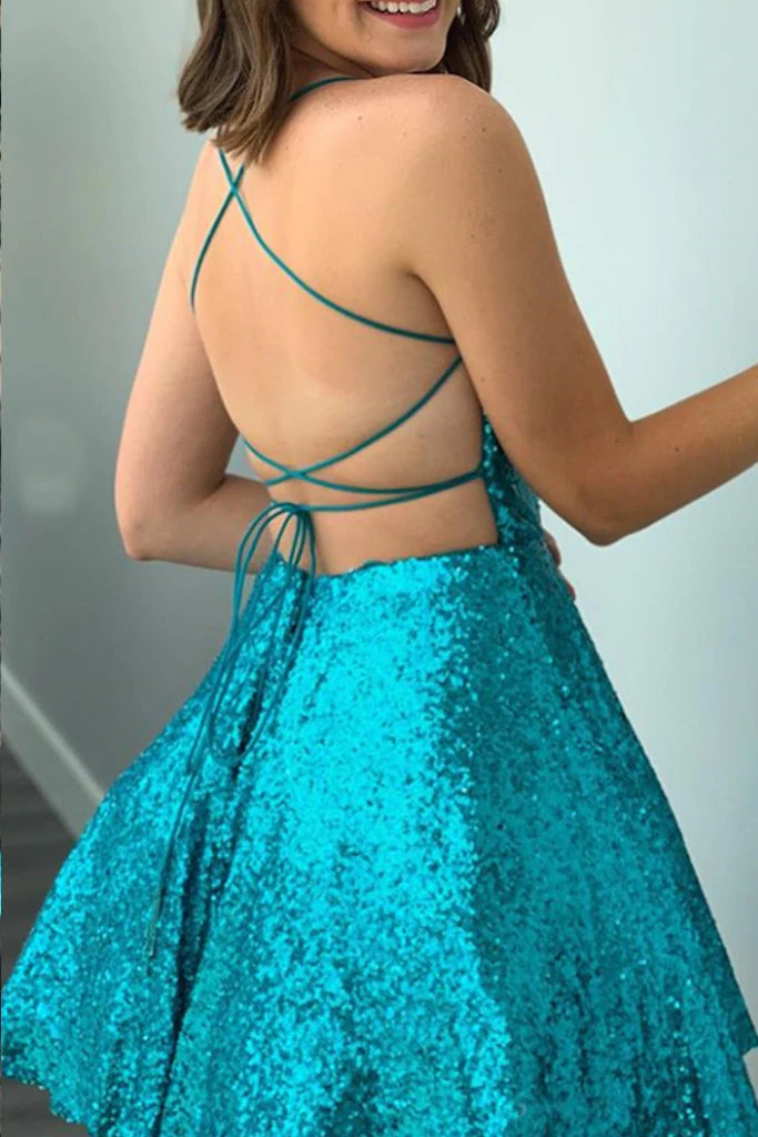 Spaghetti Straps Blue Sequins Short Homecoming Dress,Mini Dress WLD0064