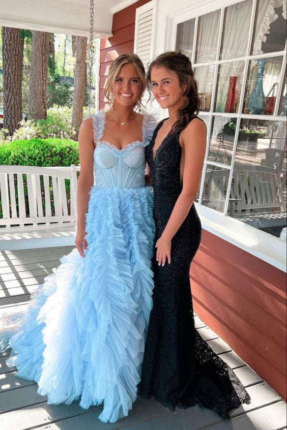 Light Sky Blue Tulle Princess Ruffle Straps With Tiered Long Prom Dress WLD0169