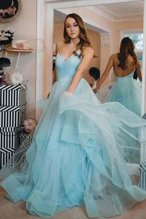 Princess Tiffany Blue Tulle Spaghetti Straps V Neck Prom Dresses, Long Party Gown WLD0179