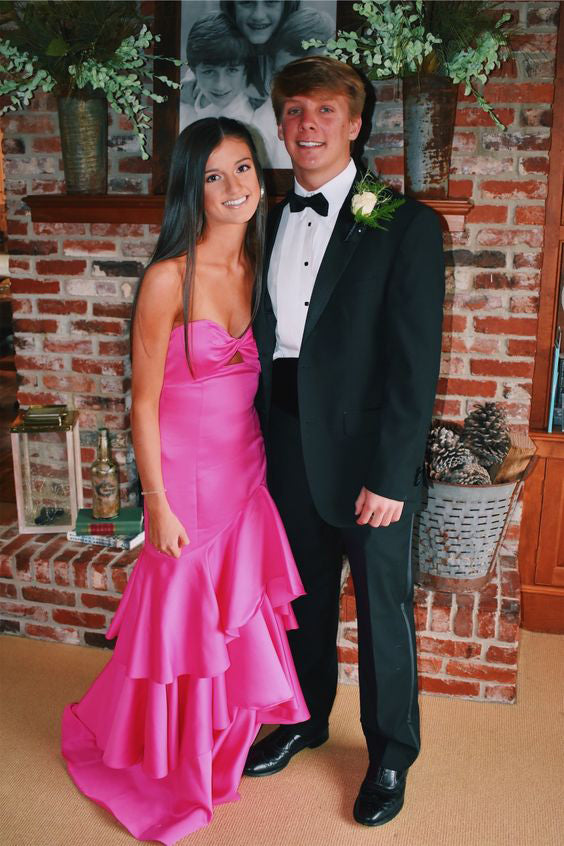 Gorgeous Hot Pink Satin Mermaid Long Prom Dress With Tiered, Formal Gown WLD0168