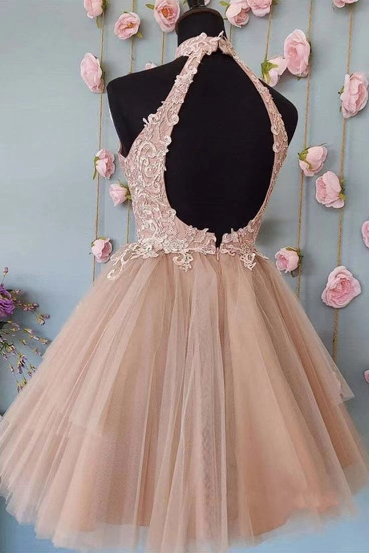 Halter Open Back Short Lace Prom Dress, Formal Graduation Dress, Sweet 16 Dresses WLD0177