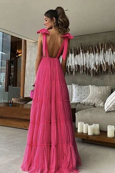 New Hot Pink Backless Long Prom Dress, V Neck Formal Gown WLD0228