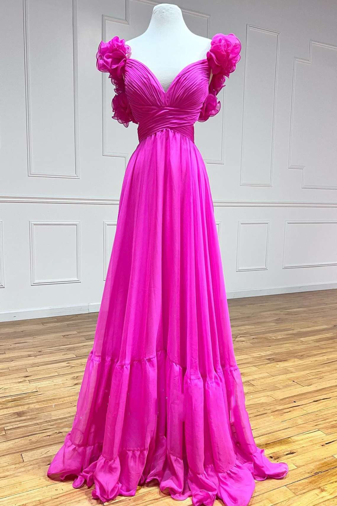 Hot Pink Ruffles Lace-Up Back A-Line Prom Dress, Formal Evening Dresses WLD0234