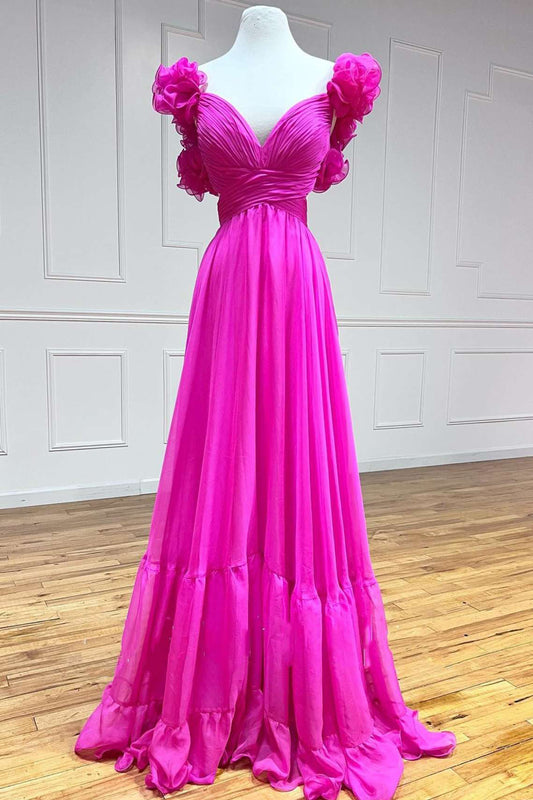 Hot Pink Ruffles Lace-Up Back A-Line Prom Dress, Formal Evening Dresses WLD0234