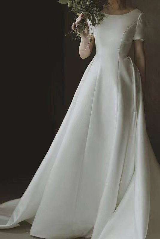 Simple White Satin V Back Beach Wedding Dresses, Ivory Bridal Gowns With Bowknot WLD0135