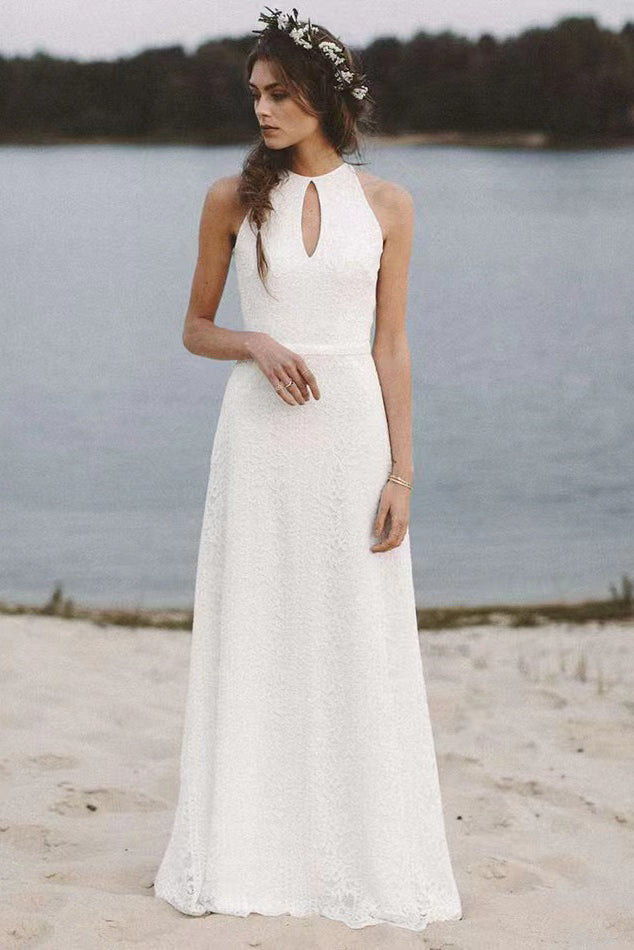 Simple A Line White Lace Wedding Dress With Sweep Train,Backles Long Beach Wedding Dress WLD0131