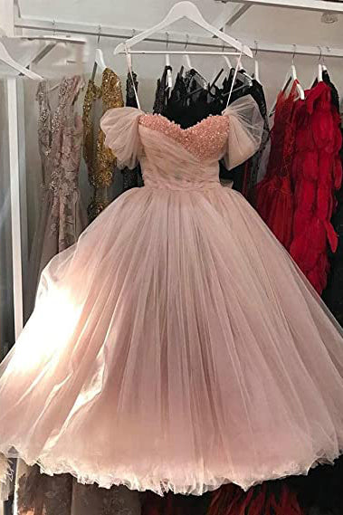 Princess Pink Tulle Off the Shoulder Lace up Prom Dresses with Bowknot,Sweetheart Formal Gown WLD0165