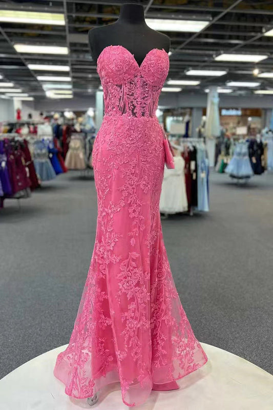 Hot Pink Mermaid Lace Prom Dresses With Appliques, Formal Evening Dresses WLD0218
