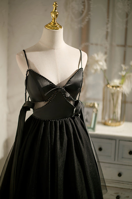 Cute Black Satin Spaghetti Straps V Neck Short Homecoming Dresses With Bowknot WLD0065
